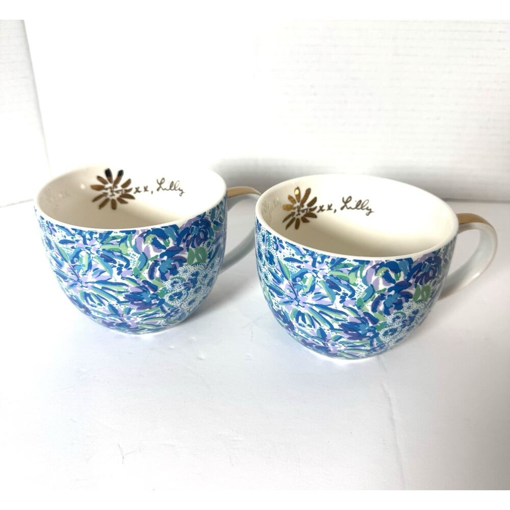 LILLY PULITZER Ceramic Mug Set of 2 Blue Multicolor Floral Gold Handle 12 fl oz.
